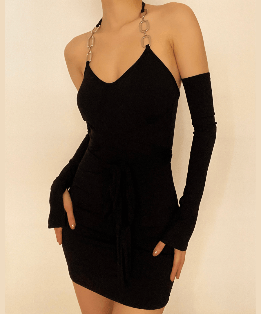 Elevate Your Fall Style: Ribbed Chain Halter Bodycon Mini Dress with Statement Sleeves