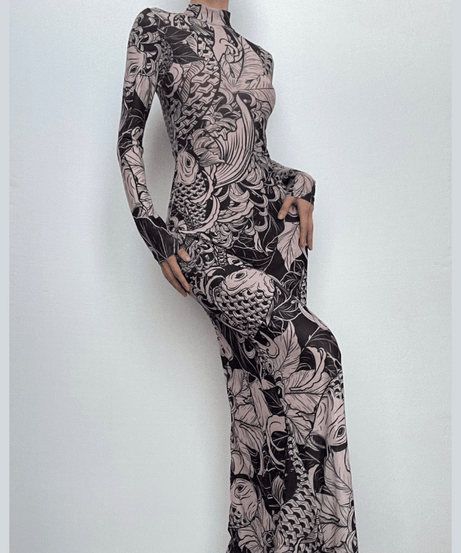 Artistic Koi Mesh Maxi Dress - Elegant High-Neck Fall Statement Piece