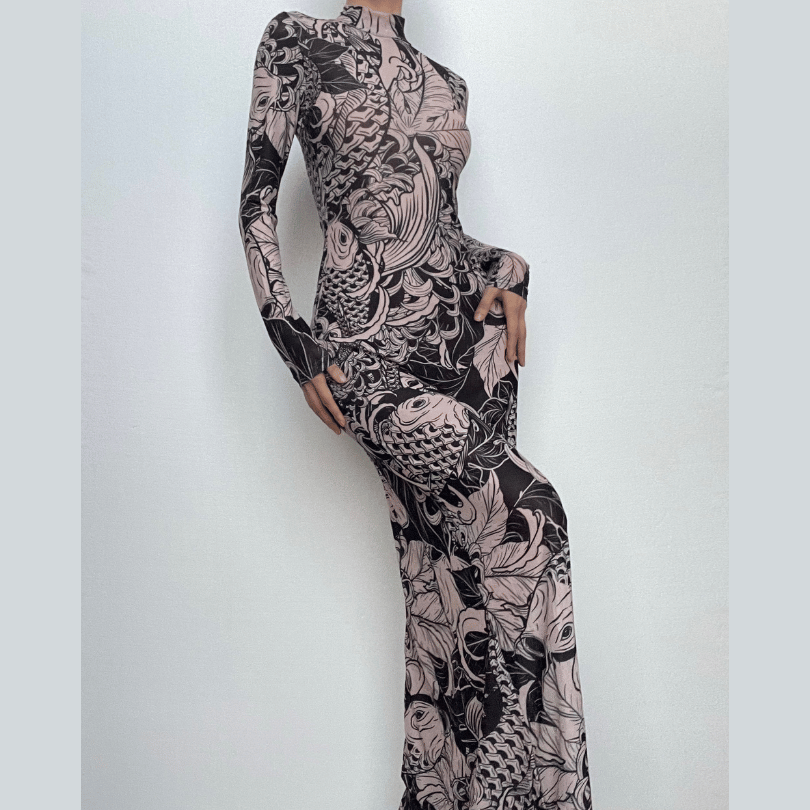 Artistic Koi Mesh Maxi Dress - Elegant High-Neck Fall Statement Piece
