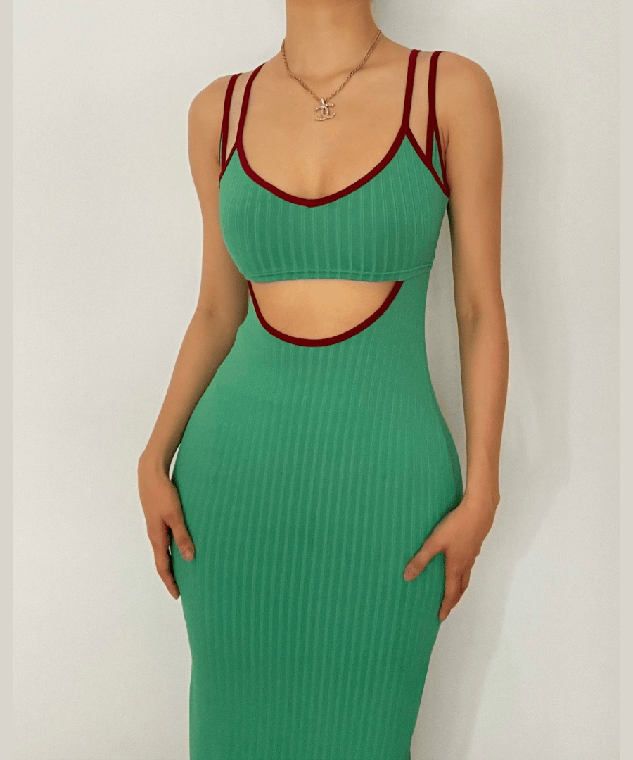 Fall & Holiday Ready: Chic Ribbed Cut-Out Midi Dress with Red Trim – Figure-Flattering Green
