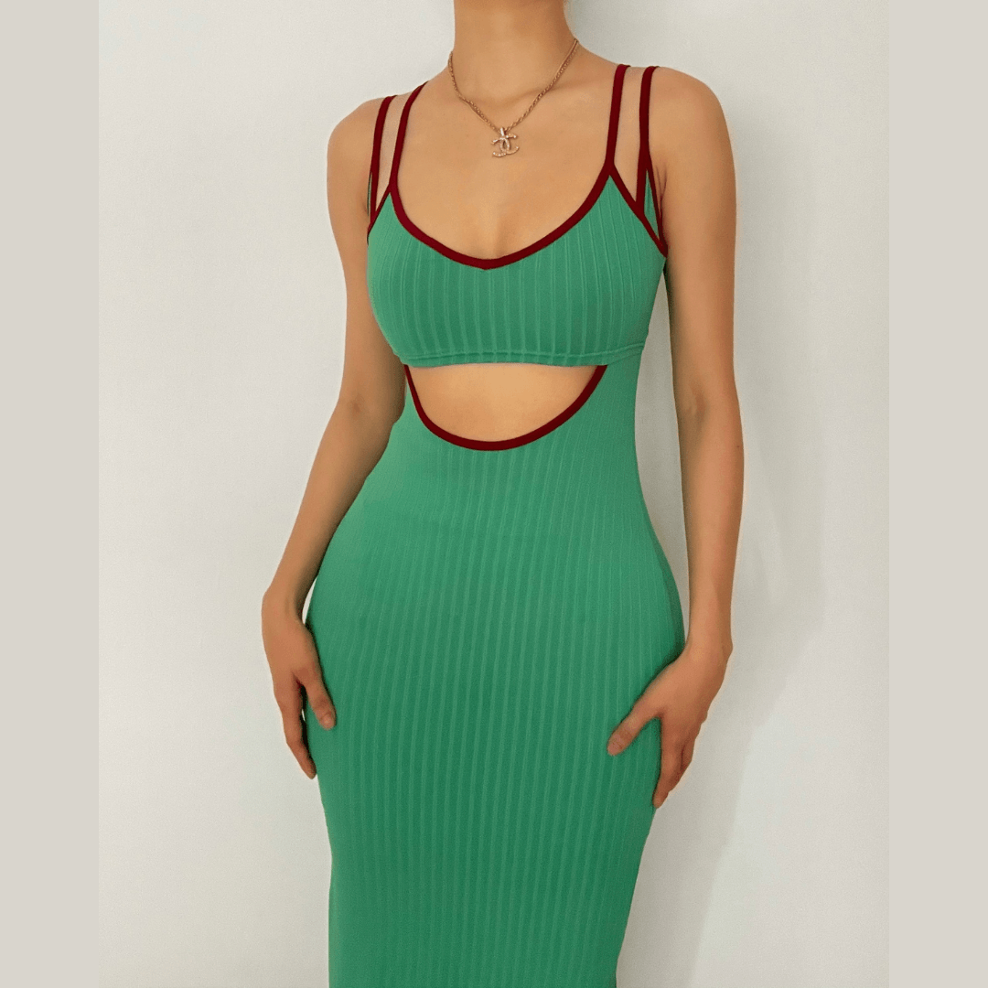 Fall & Holiday Ready: Chic Ribbed Cut-Out Midi Dress with Red Trim – Figure-Flattering Green