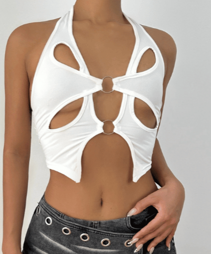 Daring O-Ring Cut-Out Halter Crop Top - Edgy Style for Fall Parties & Halloween Season