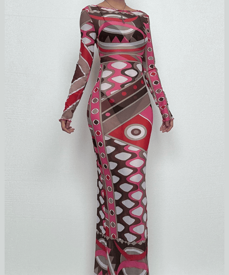 Fall & Holiday Glam: Geo-Abstract Mesh Maxi Dress - Long Sleeve Bodycon Statement