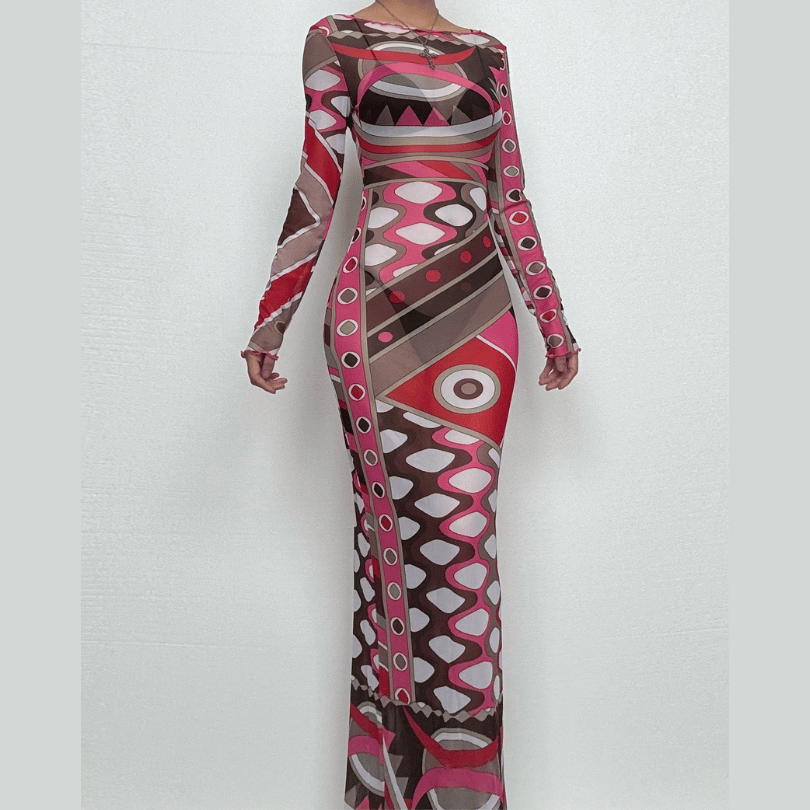 Fall & Holiday Glam: Geo-Abstract Mesh Maxi Dress - Long Sleeve Bodycon Statement
