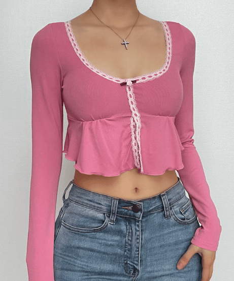 Coquette Dream Pink Lace Peplum Crop Top - Fall's Sweetest Long Sleeve