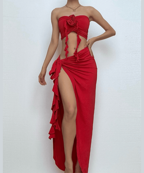 Effortless Glamour: Red Rose Ruffle High-Slit Maxi Skirt & Tube Top Set - Your Winter Sun Vacation Essential