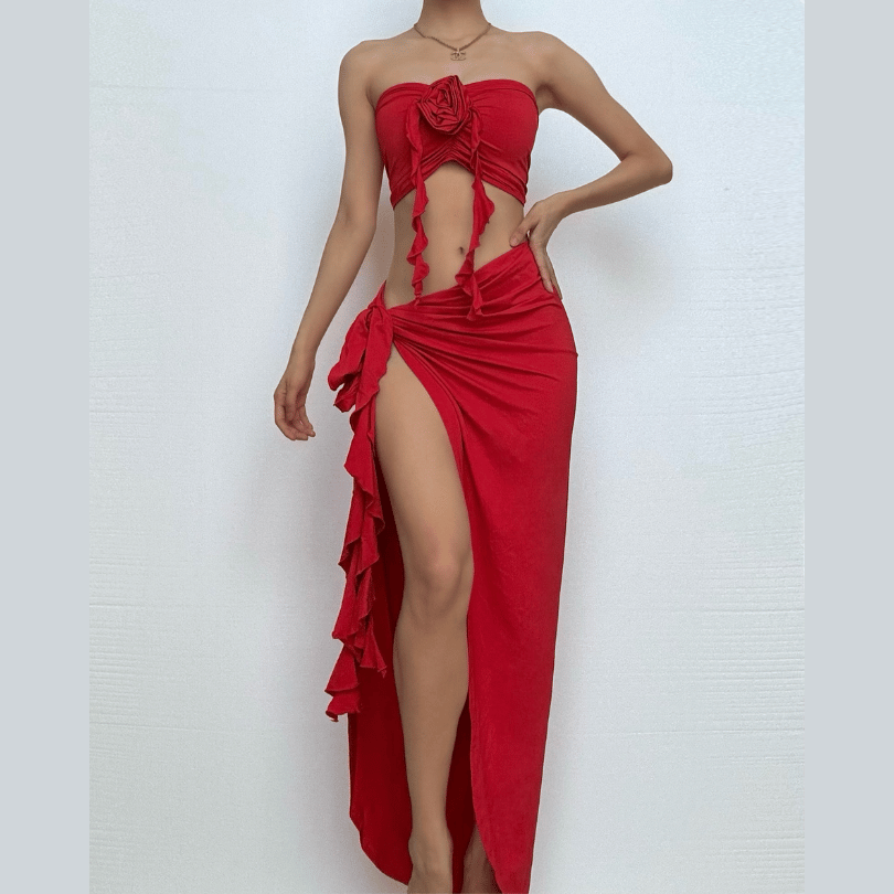Effortless Glamour: Red Rose Ruffle High-Slit Maxi Skirt & Tube Top Set - Your Winter Sun Vacation Essential