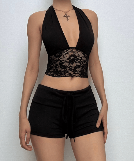 Y2K Dream Pink Ribbed Halter Crop Top & Shorts Lounge Set | Lace Trim