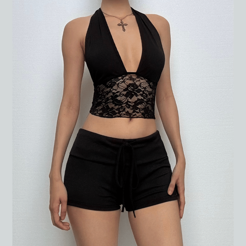 Y2K Dream Pink Ribbed Halter Crop Top & Shorts Lounge Set | Lace Trim
