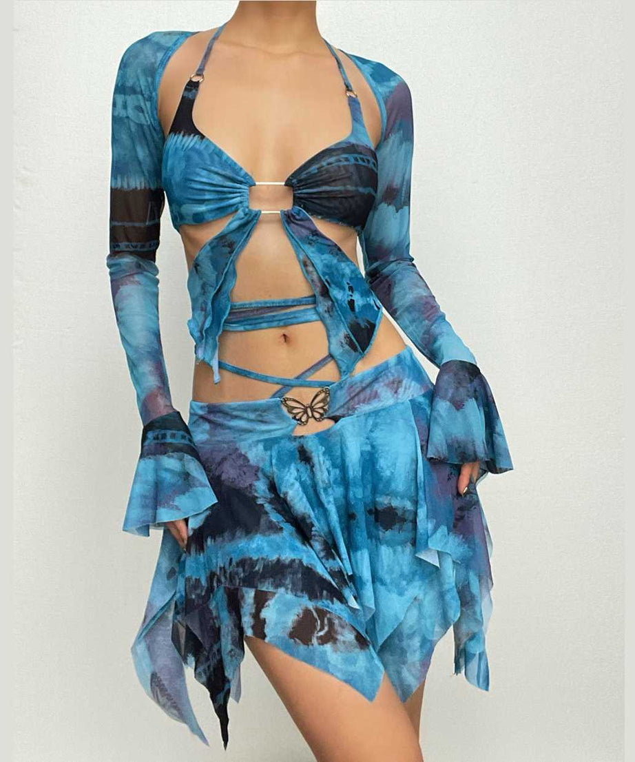 Enchanted Fairycore Tie-Dye Mini Skirt Set - Butterfly Halter Top & Flared Sleeves for Halloween & Rave Parties