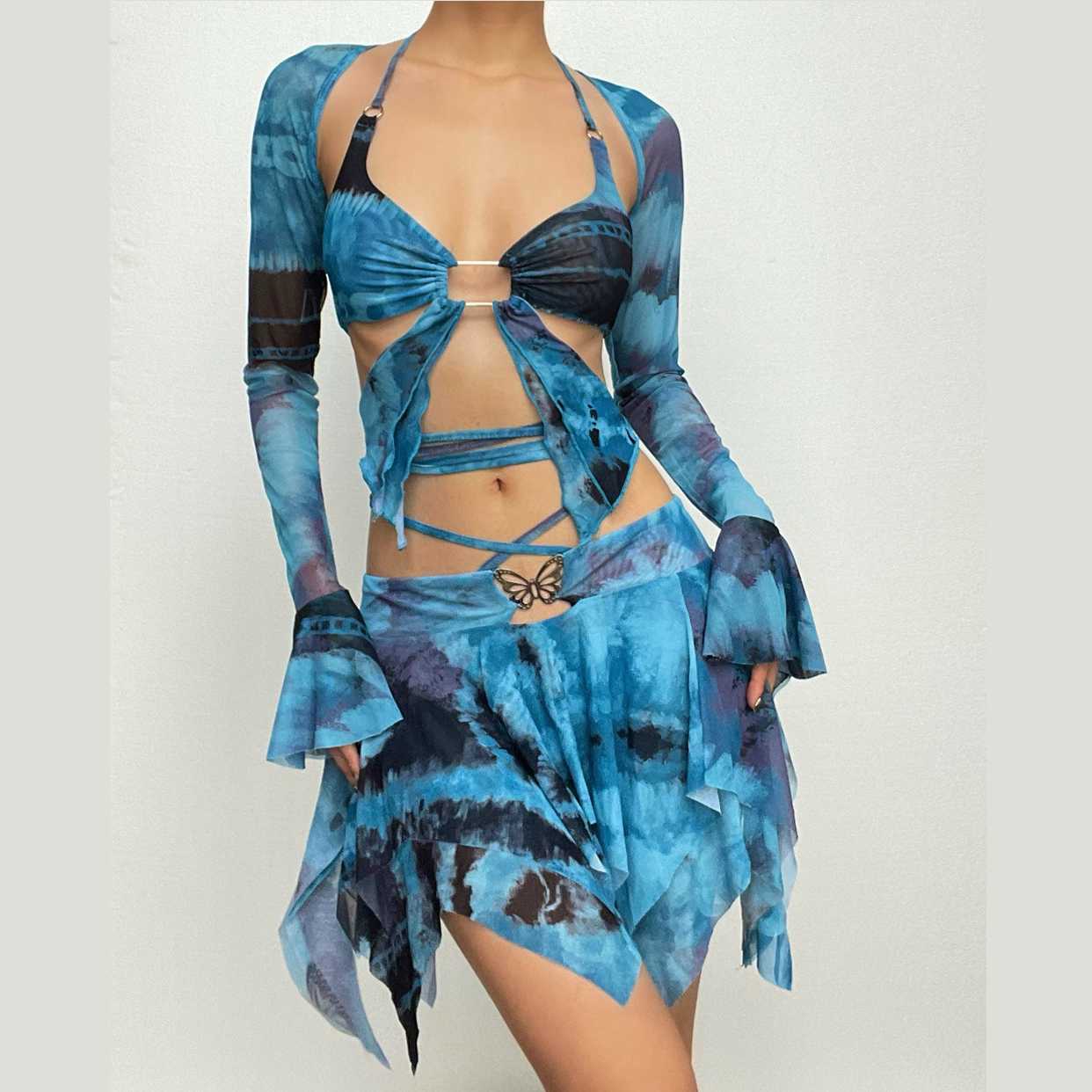 Enchanted Fairycore Tie-Dye Mini Skirt Set - Butterfly Halter Top & Flared Sleeves for Halloween & Rave Parties