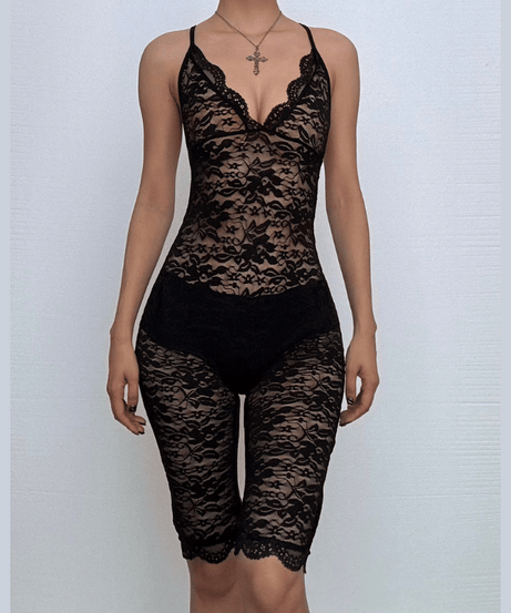 Sultry Black Lace V-Neck Romper Bodysuit – Chic & Flirty for Fall Nights
