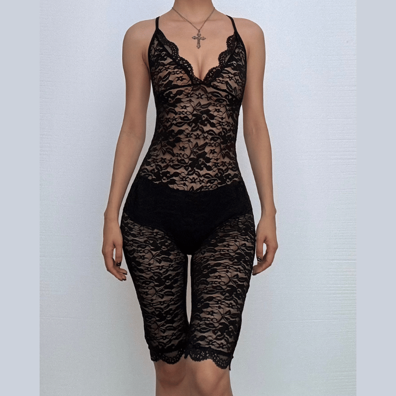 Sultry Black Lace V-Neck Romper Bodysuit – Chic & Flirty for Fall Nights