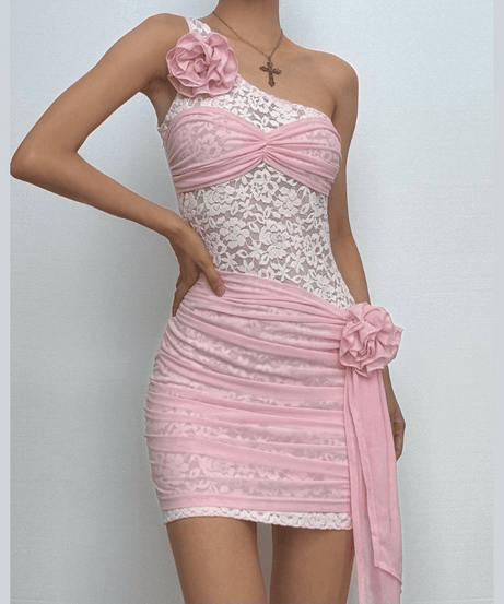 Stunning Pink Lace One-Shoulder Mini Dress with 3D Floral Appliques - Your Fall & Holiday Party Must-Have