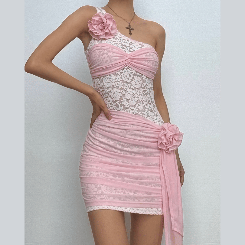 Stunning Pink Lace One-Shoulder Mini Dress with 3D Floral Appliques - Your Fall & Holiday Party Must-Have