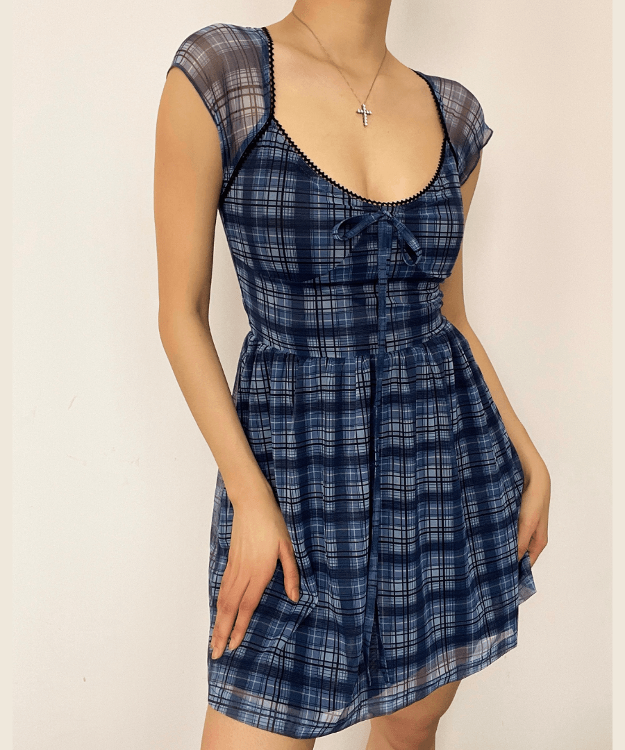 Chic Blue Plaid Mesh Mini Dress - Y2K Babydoll Style for Fall