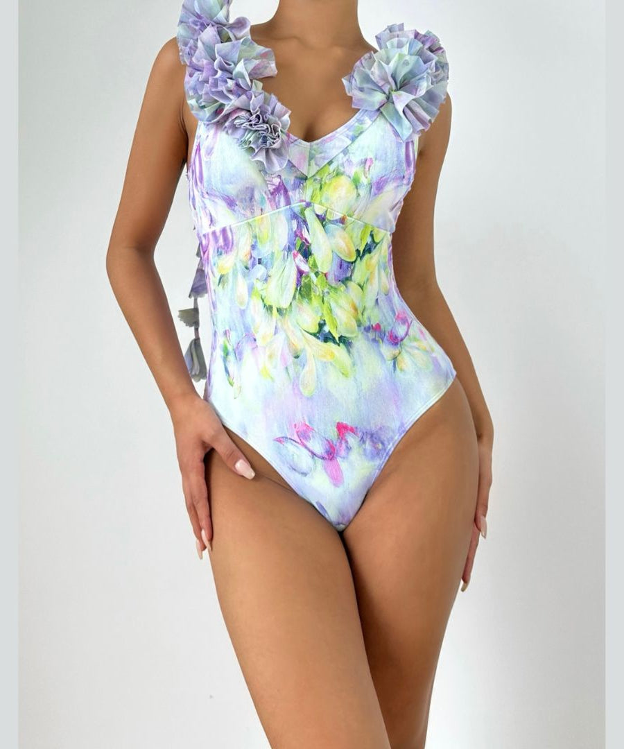 Chic Watercolor Floral Ruffle One-Piece Swimsuit | Elegant Resort & Vacation Essential