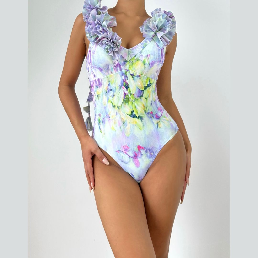 Chic Watercolor Floral Ruffle One-Piece Swimsuit | Elegant Resort & Vacation Essential