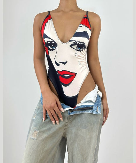 Iconic Pop Art 'Crying Face' V-Neck Bodysuit - Your Edgy Fall Fashion Statement