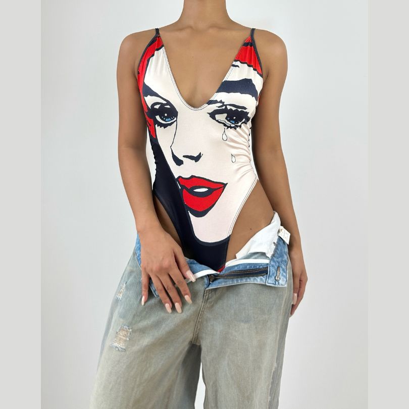 Iconic Pop Art 'Crying Face' V-Neck Bodysuit - Your Edgy Fall Fashion Statement