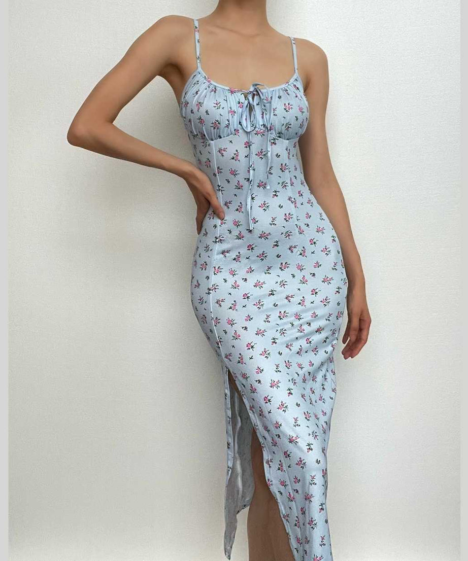 Romantic Blue Floral Midi Slip Dress with Slit - Sweetheart Neck, Perfect for Fall Dates & Resort Getaways