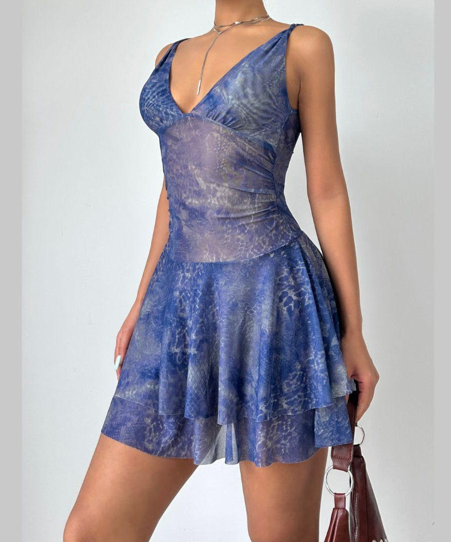 Sultry Siren Blue Mesh Mini Dress - Abstract Animal Print V-Neck for Fall Nights Out