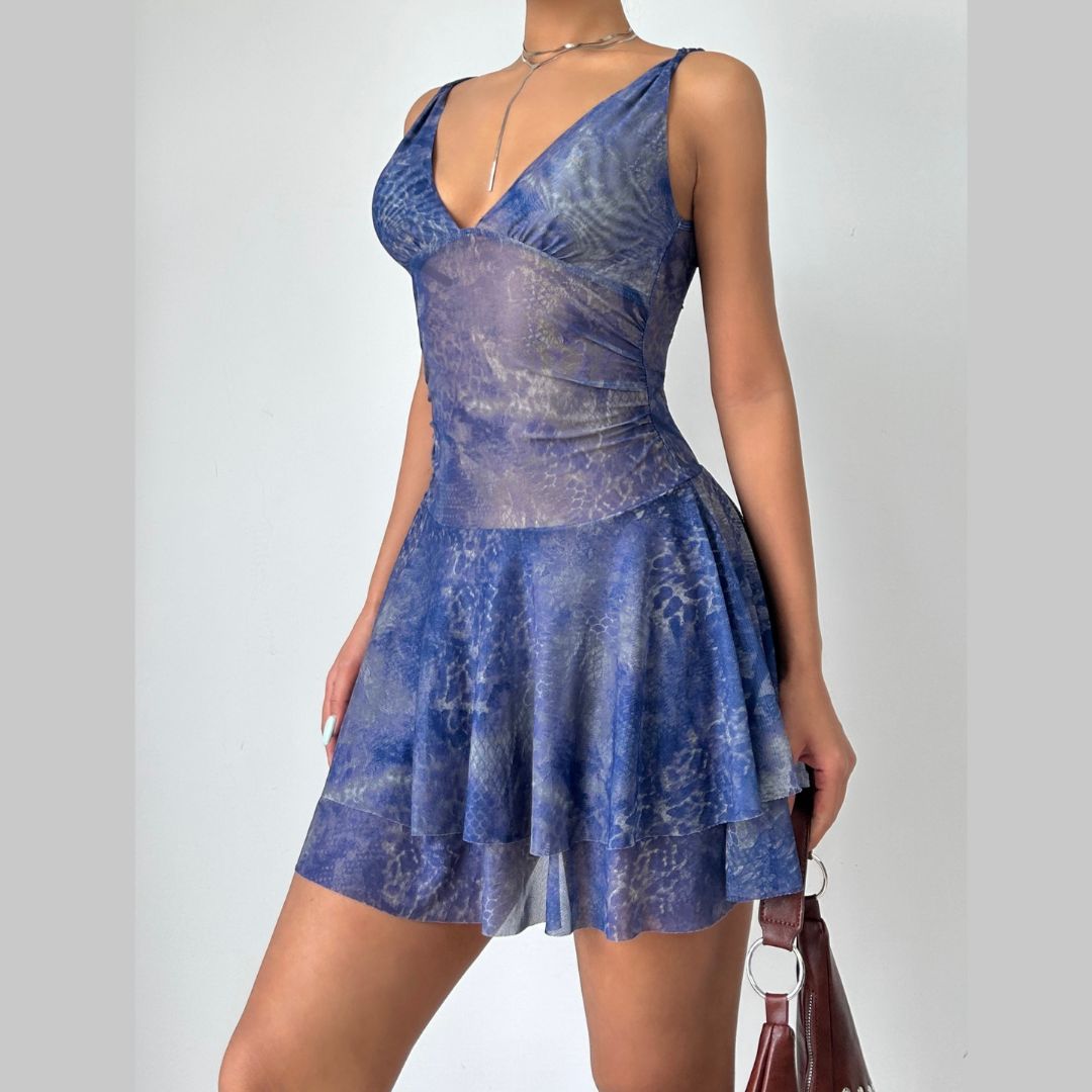 Sultry Siren Blue Mesh Mini Dress - Abstract Animal Print V-Neck for Fall Nights Out