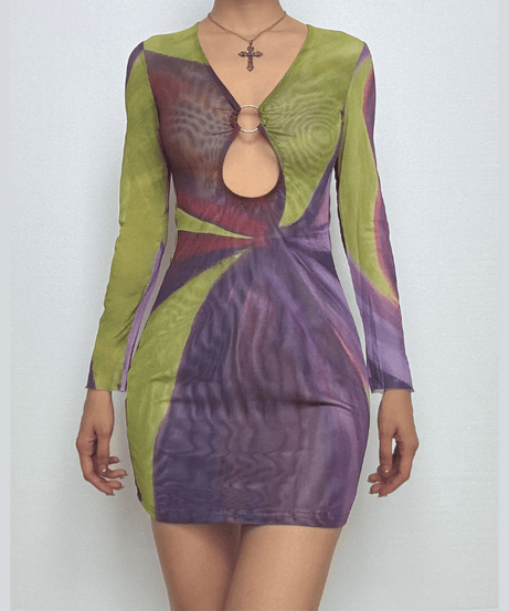 Sultry Plum & Olive Abstract Mesh Mini Dress with O-Ring Cutout | Fall Night Out
