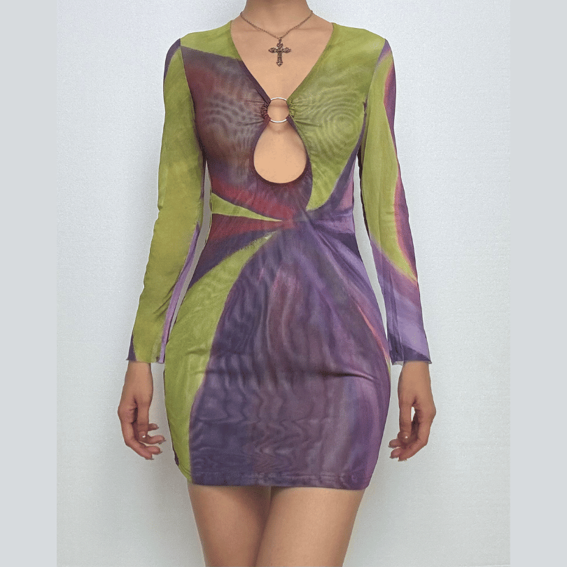 Sultry Plum & Olive Abstract Mesh Mini Dress with O-Ring Cutout | Fall Night Out