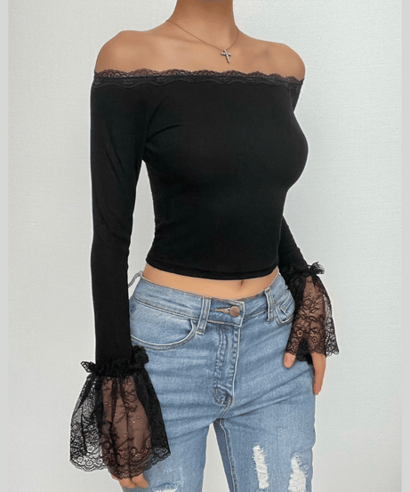 Chic Black Lace Off-Shoulder Crop Top | Bell Sleeves for Fall & Halloween