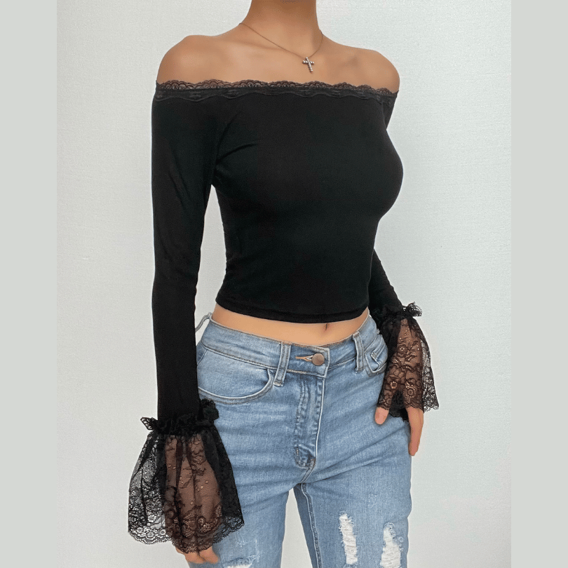 Chic Black Lace Off-Shoulder Crop Top | Bell Sleeves for Fall & Halloween