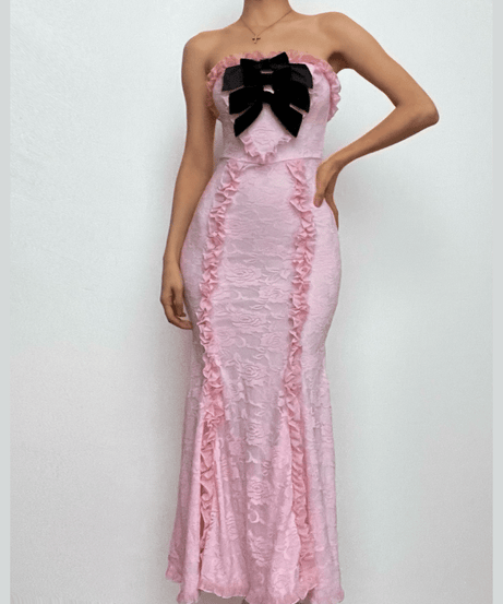 Romantic Blush Pink Lace Mermaid Maxi Dress with Chic Velvet Bow - Your Statement Piece for Fall & Holiday Events