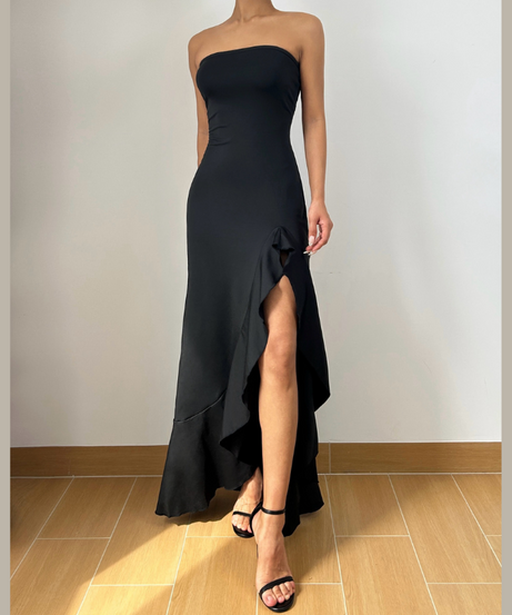 Effortless Glamour: Black Strapless High-Low Ruffle Maxi Dress | Your Ultimate Fall & Holiday Party Look