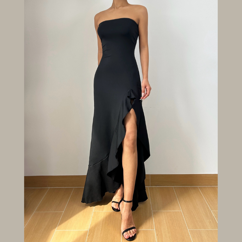 Effortless Glamour: Black Strapless High-Low Ruffle Maxi Dress | Your Ultimate Fall & Holiday Party Look