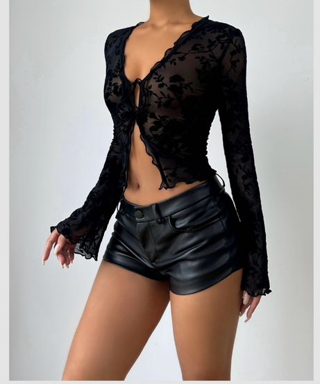 Velvet Floral Sheer Tie-Front Crop Top - Fall Night Out & Halloween Chic