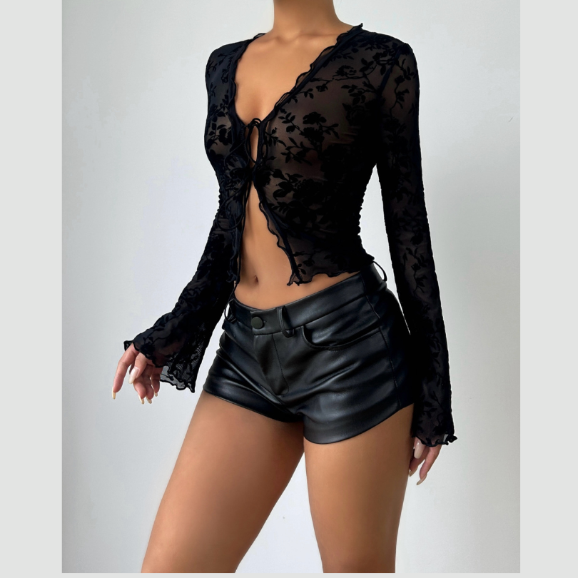 Velvet Floral Sheer Tie-Front Crop Top - Fall Night Out & Halloween Chic