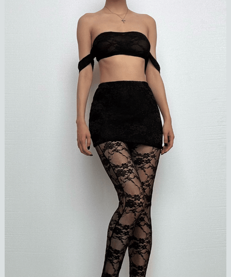 Sultry Black Lace Off-Shoulder Crop Top & Mini Skirt Set - Perfect for Fall Nights & Halloween