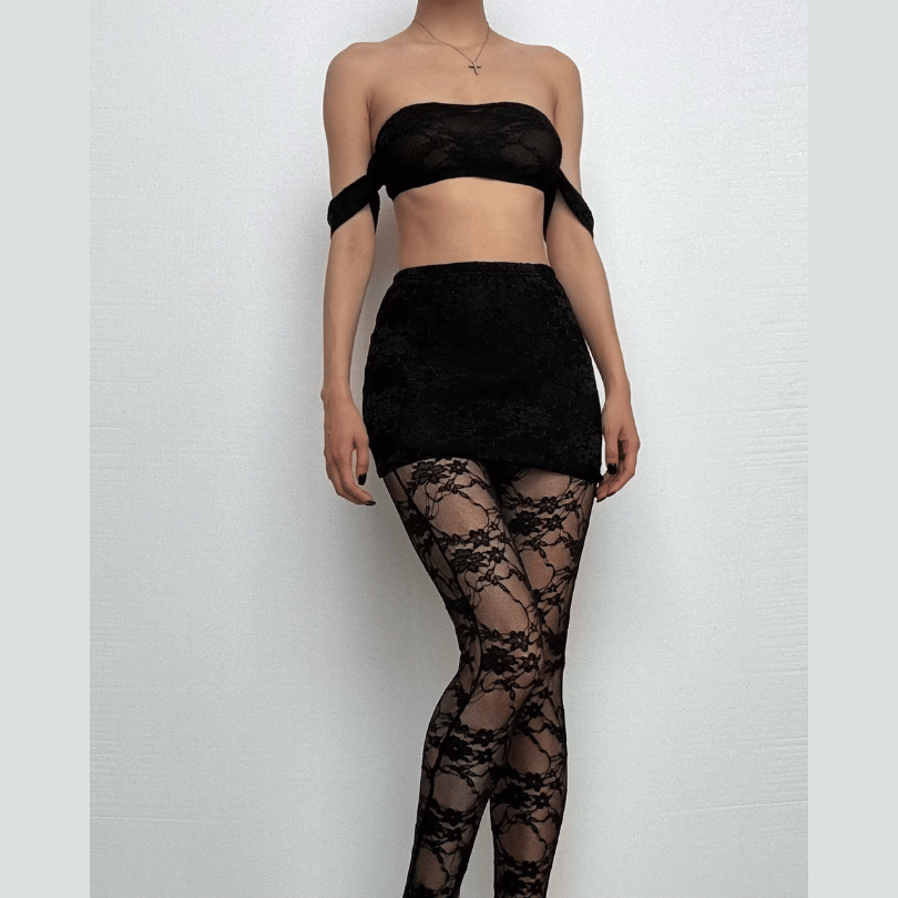 Sultry Black Lace Off-Shoulder Crop Top & Mini Skirt Set - Perfect for Fall Nights & Halloween