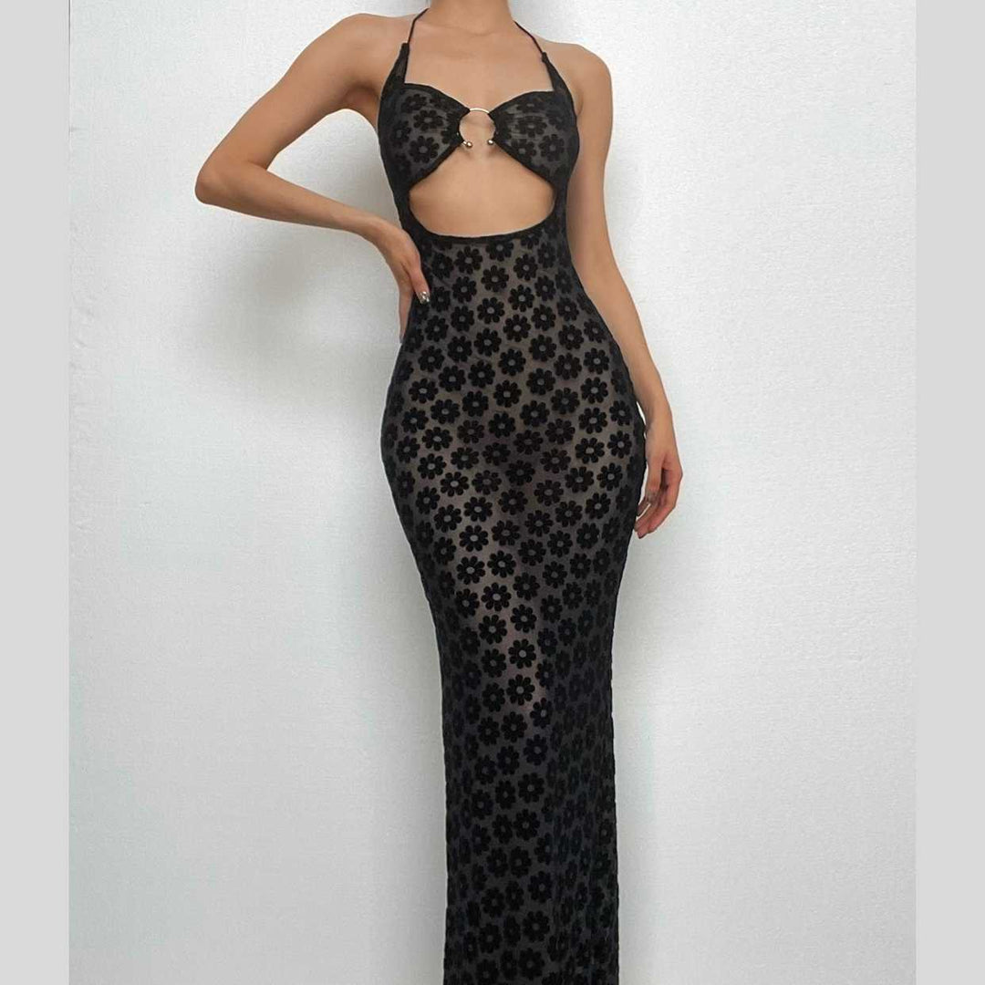 Black Floral Sheer Halter Maxi Dress with O-Ring Cutouts - Y2K Style for Fall Parties & Nights Out