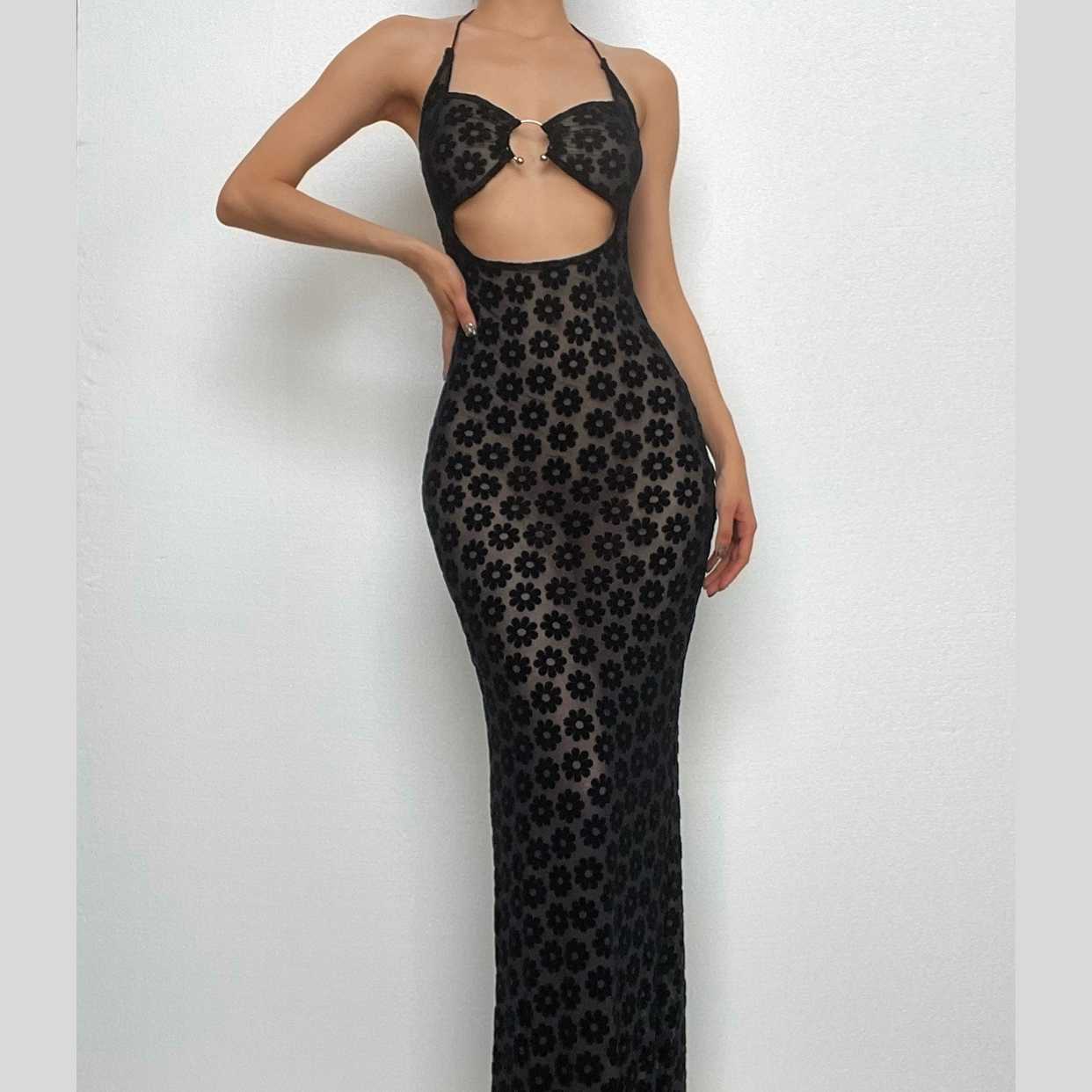 Black Floral Sheer Halter Maxi Dress with O-Ring Cutouts - Y2K Style for Fall Parties & Nights Out