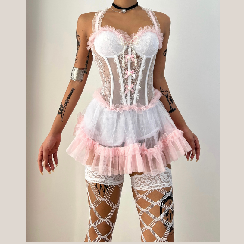 Sweetheart Fantasy Maid Lace & Tulle Corset Babydoll Dress - Perfect Halloween Lingerie