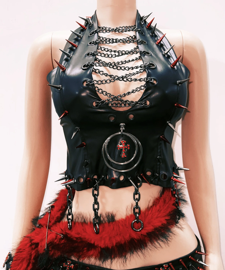 Dare to Rule: Spiked Faux Leather Halter Top | Gothic Halloween Rave Clubwear for Women