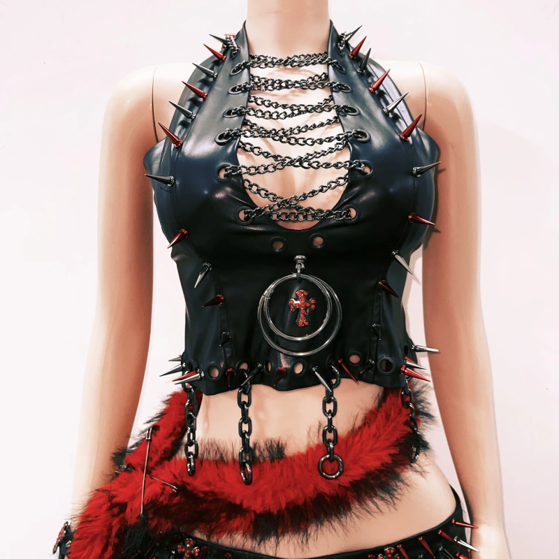 Dare to Rule: Spiked Faux Leather Halter Top | Gothic Halloween Rave Clubwear for Women