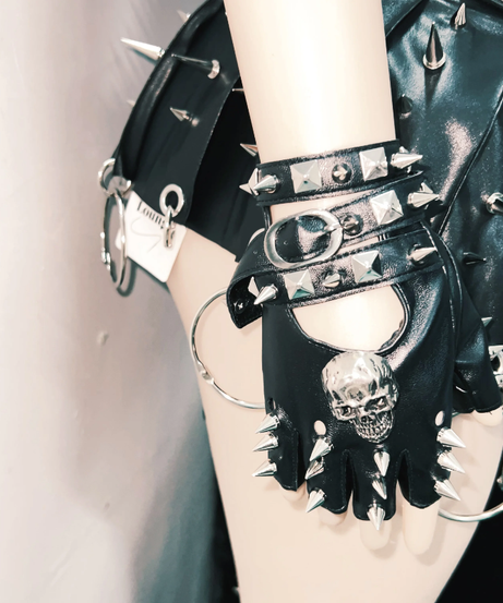 Ultimate Spiked Gothic Punk Corset Top & Pleated Mini Skirt Set - Halloween & Party Ready!