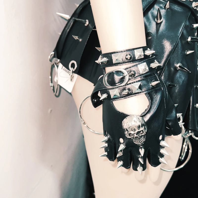 Ultimate Spiked Gothic Punk Corset Top & Pleated Mini Skirt Set - Halloween & Party Ready!