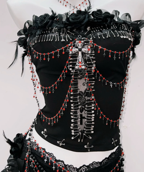 Gothic Siren Two-Piece Set: Edgy Beaded Cross Top & Lace Maxi Skirt for Halloween & Beyond