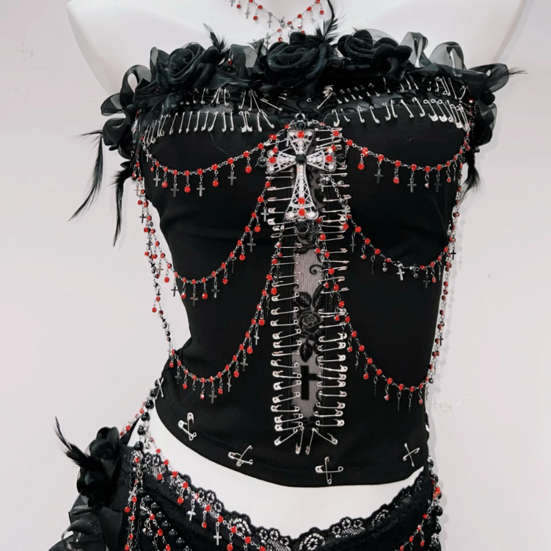 Gothic Siren Two-Piece Set: Edgy Beaded Cross Top & Lace Maxi Skirt for Halloween & Beyond