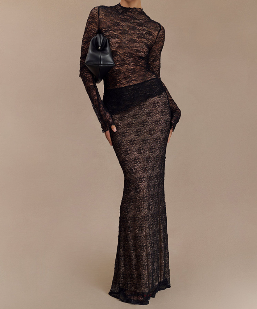 Siren Chic: Fall Rust Sheer Lace Maxi Skirt Set - Long Sleeve Bodycon Co-ord for Holiday Parties