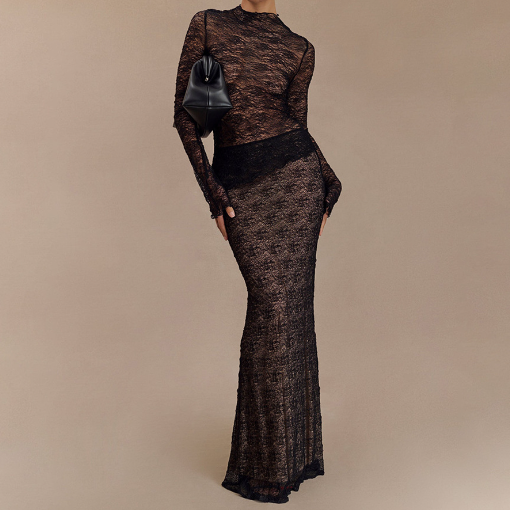 Siren Chic: Fall Rust Sheer Lace Maxi Skirt Set - Long Sleeve Bodycon Co-ord for Holiday Parties