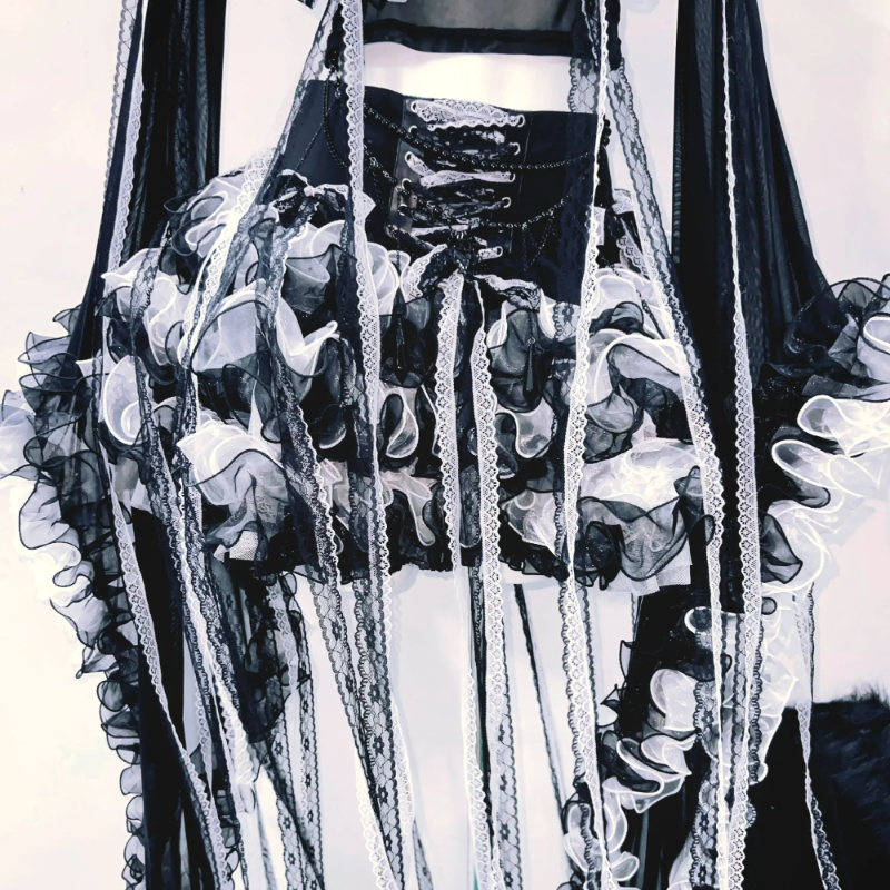 Bewitching Black Ruffle Off-Shoulder Mesh Top | Fall Gothic Glam & Lace-Up Detail